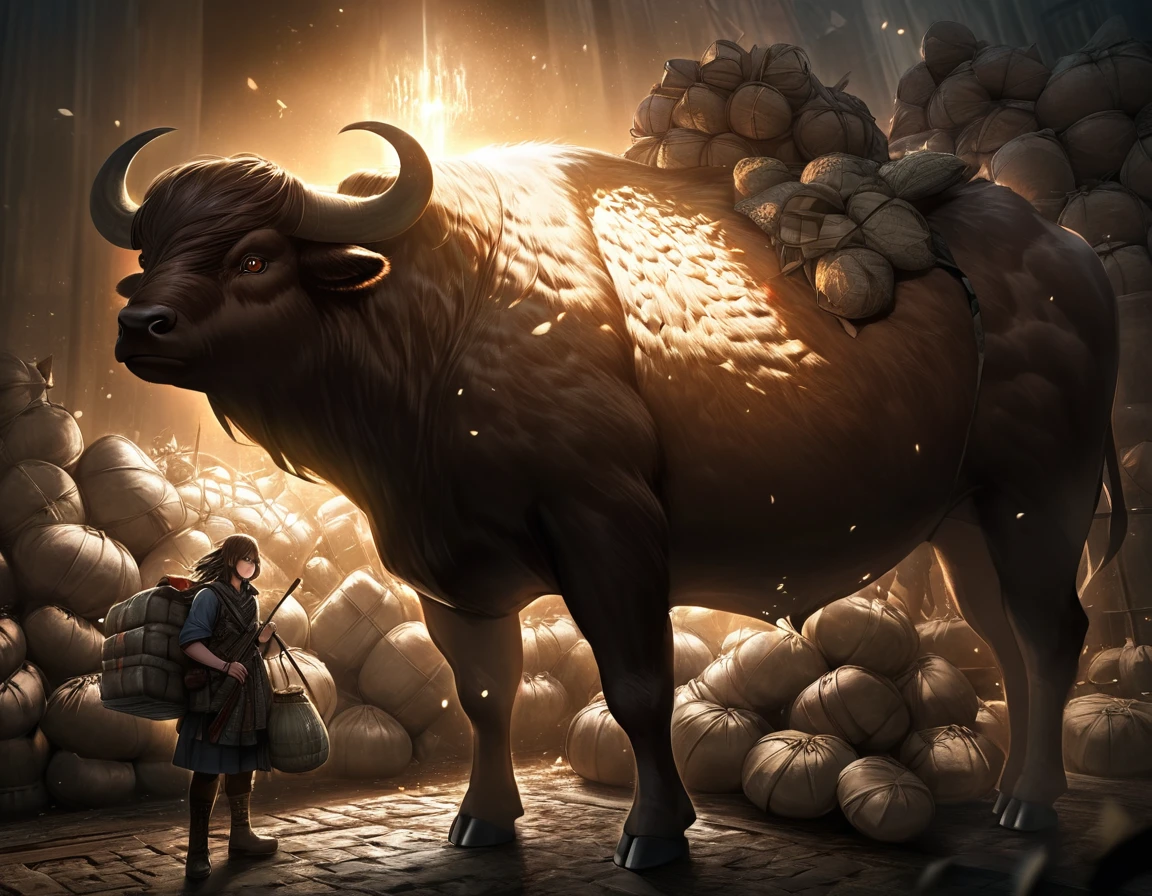 a huge draft buffalo, large saddle with cargo and sacks, fantasy beast, long warm fur, detailed animal anatomy, intricate patterns on fur, glowing eyes, mystical, dark moody lighting, dramatic shadows, cinematic composition, epic scale, ultra-detailed, cinematic, 8k, photorealistic