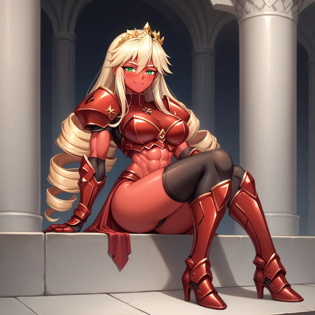 Lancer Artoria, elegant adult female, blonde, green eyes (yellow eyelashes) crown, turtleneck, full body sitting on a bench, showing ass to me, RED breastplate, RED skin (1SologirlRED skin:1.2), looking at viewer, shiny, armor, thigh highs, high boots, pauldrons shoulder armor, faulds, poleyn, RED gloves gauntlets, rerebrace, RED military armored boots, yordle muscular lean platinum blonde long twin tails hairstyle at the bedroom lustful smirking smile face red blushed, blush, strong abs, female body builder, tiara, twin drills hair, (masterpiece, best quality, ultra detailed, best shadow)