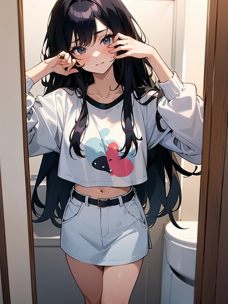 Anime cute girl taking a selfie in a mirror in a bathroom, taken in 2 0 2 0, cropped shirt with jacket, long black hair, stomach hurting, two hand in the stomach,