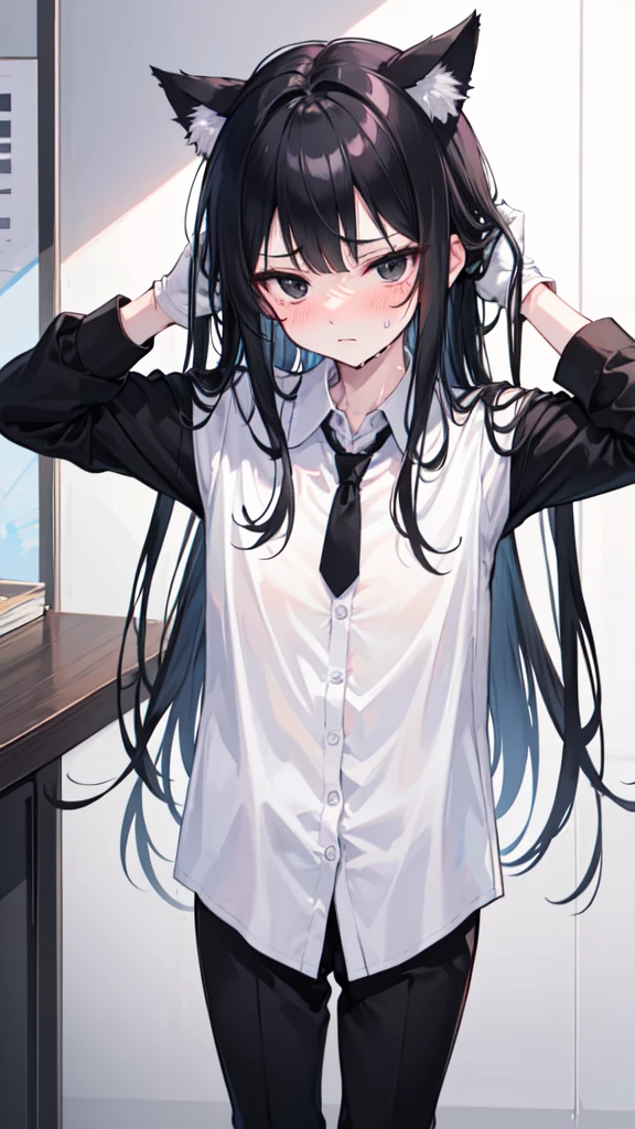 18-year-old Shota，cute，Wear a white long-sleeved shirt and a black work tie，Wear black pants，Wear black booties，Wear white gloves，wear cat ear，Black hair，Black eyes，Handsome，Disdainful and cold expression，shy，blush，Sweating，porn