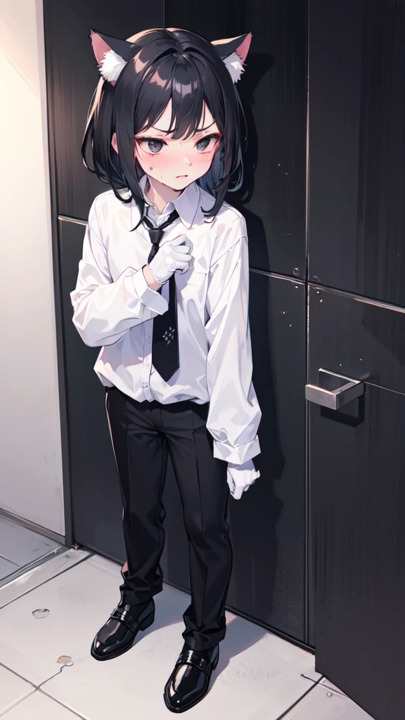 18-year-old Shota，cute，Wear a white long-sleeved shirt and a black work tie，Wear black pants，Wear black booties，Wear white gloves，wear cat ear，Black hair，Black eyes，Handsome，Disdainful and cold expression，shy，blush，Sweating，porn
