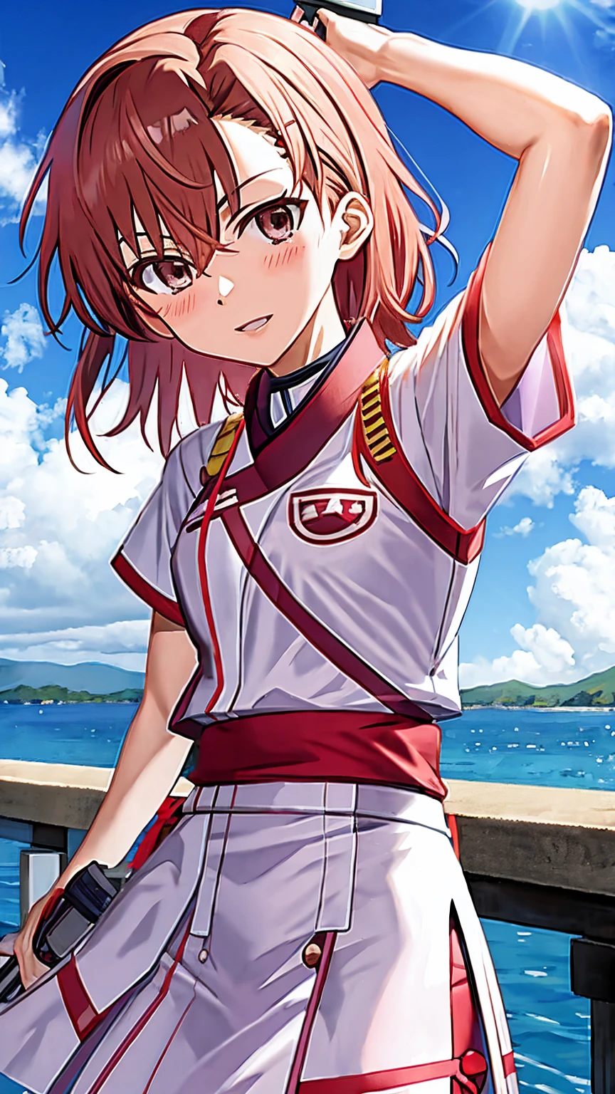 Misaka Mikoto's Anime View, One girl, Teenage Girl, cute, alone, Chestnut Hair, hairpin,Brown eyes, Are standing, View your viewers,smile,,Anime Style, Student uniform++ mini skirt