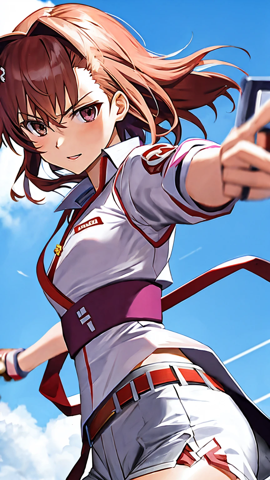 Misaka Mikoto&#39;s Anime View, One girl, Teenage Girl, cute, alone, Chestnut Hair, hairpin,Brown eyes, Are standing, View your viewers,smile,,Anime Style, Student uniform＋＋　　mini skirt