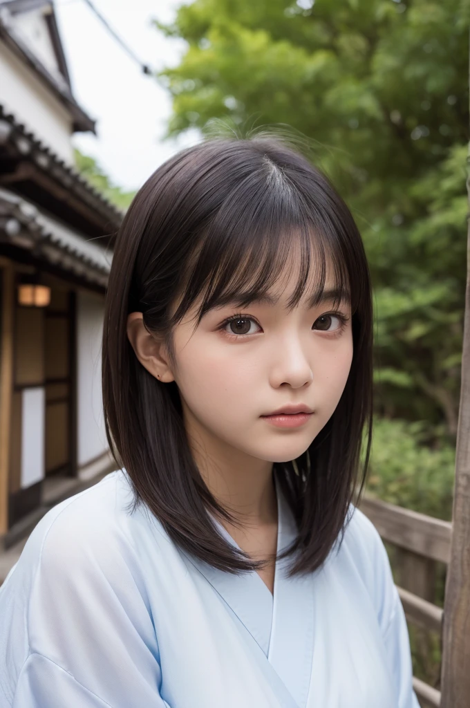 (1 Girl )、(Beautiful Japanese、18years old,round face、Refreshing、clear、seems kind、stylish、Pitiful、cute like an angel、cute、black eyes、,actress,Almond-shaped eyes,Translucent white skin、Beautiful skin), Japan human face , (((Beautiful breasts:0.4))),(((soft breasts))),(very cute),(Black hair),(short cut hair),(enchanting eyes),(highlight on eyes:1.2)、(8K、Live shooting、highest quality、masterpiece:1.2、optimal lighting)、((masterpiece)),(Photo taken by a professional photographer),(real、photo real:1.4),BREAK,{ (eranese kimono),(yukata)},(cheeks are red:1.3), BREAK, BREAK,Face shot:1.3、 face close-up,Looking at viewer、From above,Lonely face,,Japanese countryside shrine,night:1.4、Japanese countryside,、lantern、Japanese Festivals、people々、Opening a store