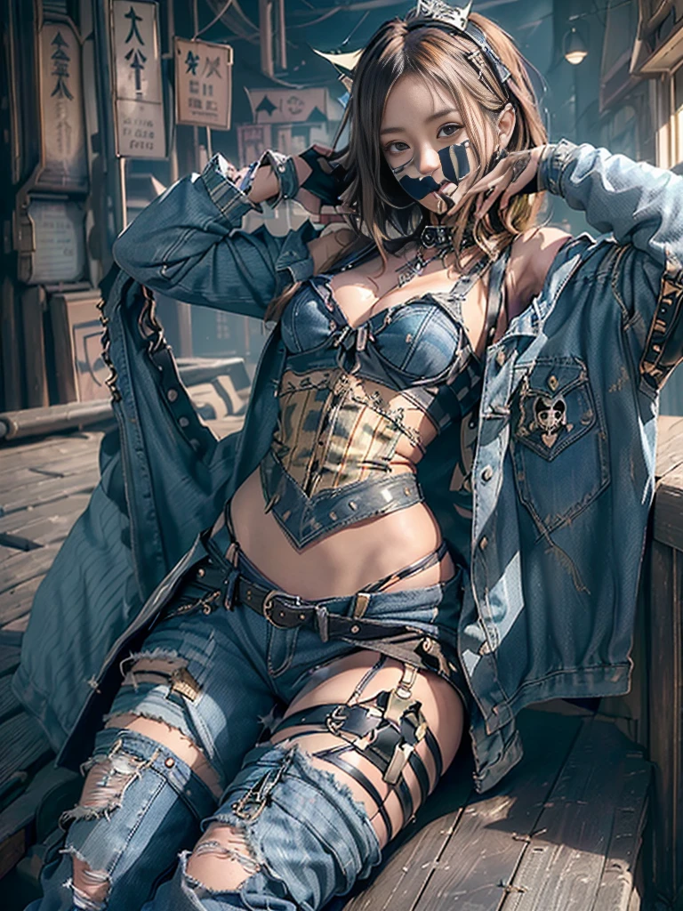 (Full Body View:1.3)、(Beautiful lips and nose:1.4)、(Long eyelashes:1.4)、(Side view:1.1)、(Smiling with teeth showing:1.3),(Shibuya Gal:1.5)、(Gothic ta delicately decorated dress:1.5)、(Tattered denim and black punk rock cargo pants:1.5)、(Denim and white skull mark small jacket:1.4)、(denim garter belt:1.5)、(Black and denim knee socks:1.3)、(Skull Silver Accessories:1.5)、(Denim collar:1.3)、(Brown Skin Belt:1.4)、(Brown boots:1.2)、(The underwear is striped:1.4)、31 years old、((Highest quality、In 8K、masterpiece:1.3))、Sharp focus:1.2、(Layered Cut、Huge boobs:1.1),Beautiful woman with perfect figure:1.4、(Dancing vigorously:1.3)、Slender Abs:1.2、Highly detailed face and skin texture、Detailed eyes、double eyelid,(Bob Hair:1.3)、(Brown-golden hair:1.3)、Gravure idol、(The background is a gorgeous celestial temple:1.3)、(Slim body:1.2),(Make your legs thinner:1.4),(clavicle:1.1)