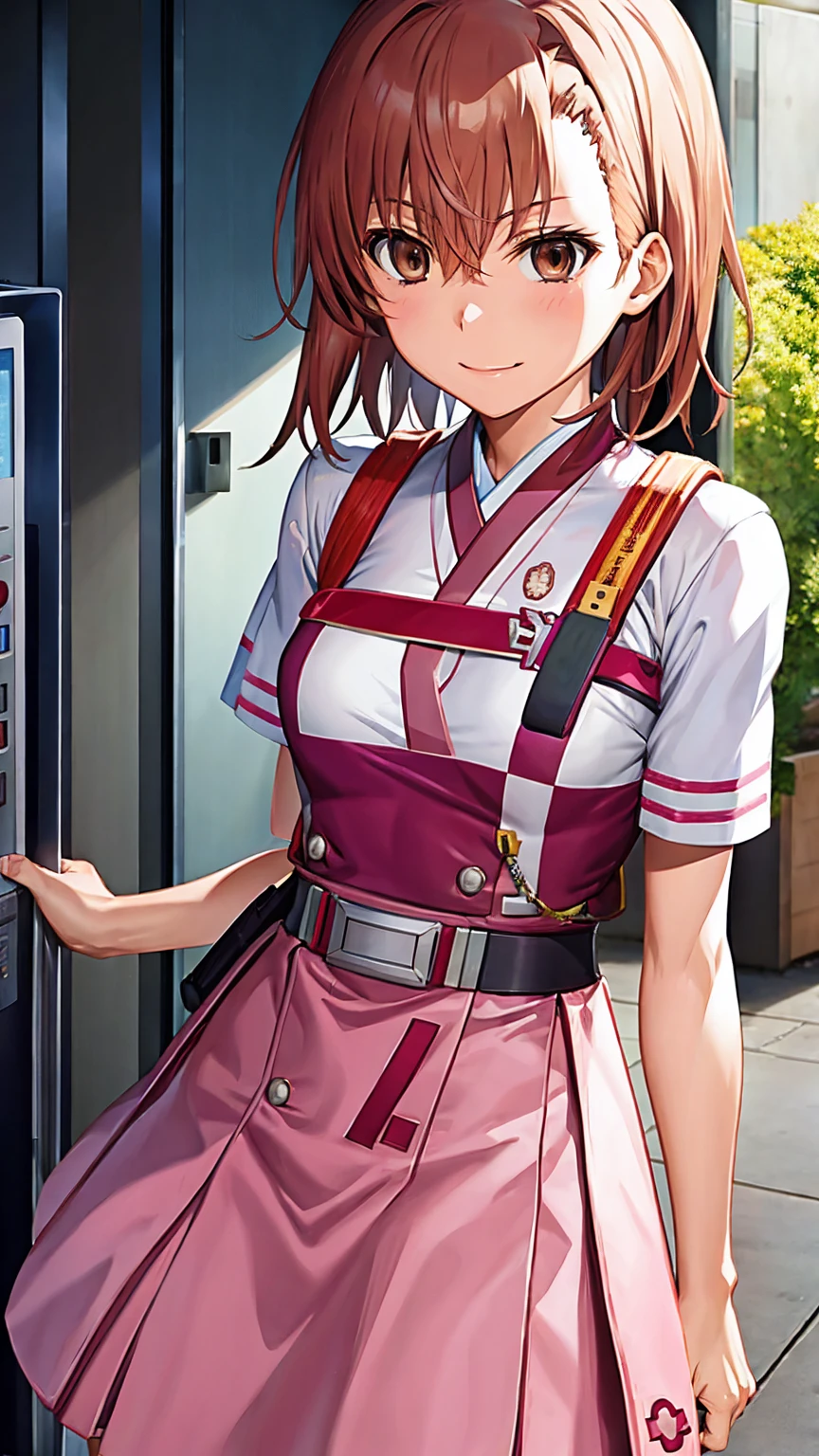 Misaka Mikoto's Anime View, One girl, age Girl, cute, alone, Chestnut Hair, hairpin,Brown eyes, Are standing, View your viewers,smile,,Anime Style, Student uniform++ mini skirt