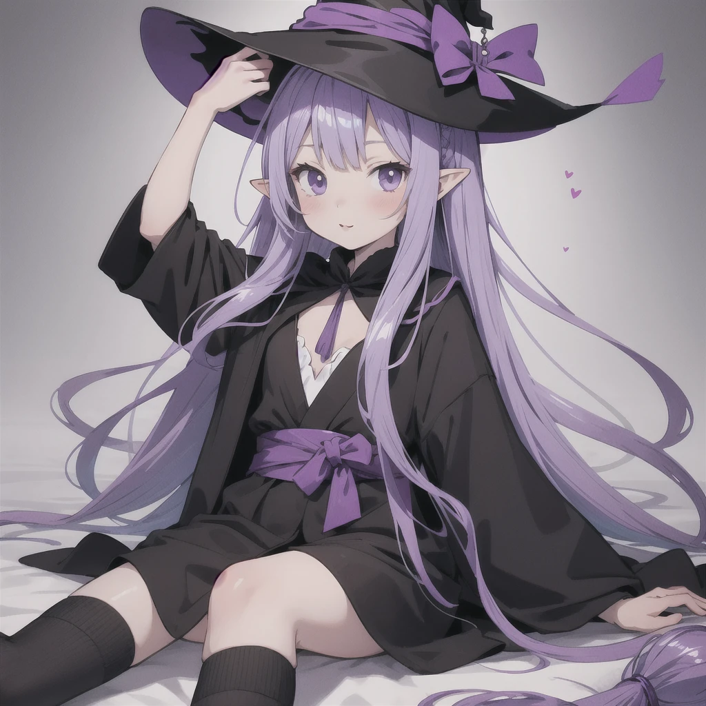 anime girl long purple hair wearing a black Robe. she has pointy ears. Witch Hat. Manga kawaii. iridescent ,An illustration, 0ne person