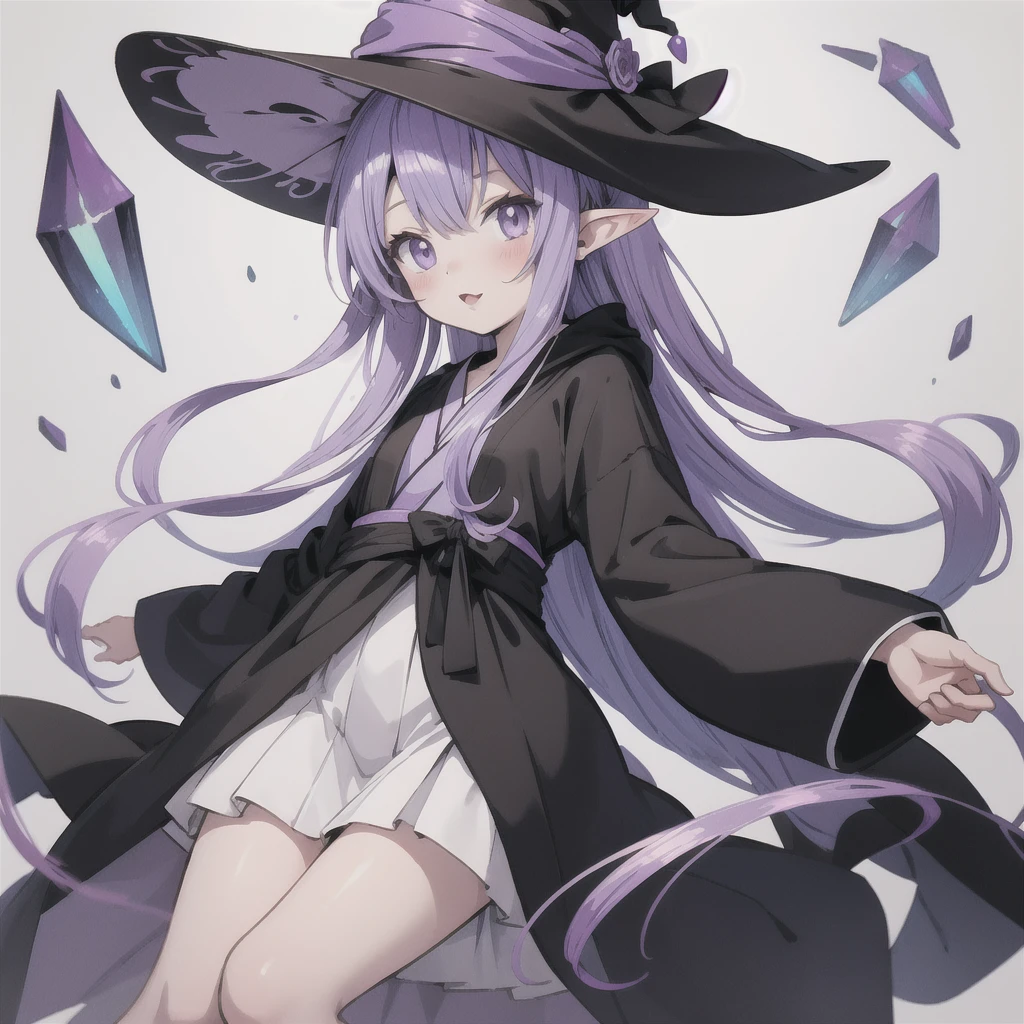 anime girl long purple hair wearing a black Robe. she has pointy ears. Witch Hat. Manga kawaii. iridescent ,An illustration, 0ne person