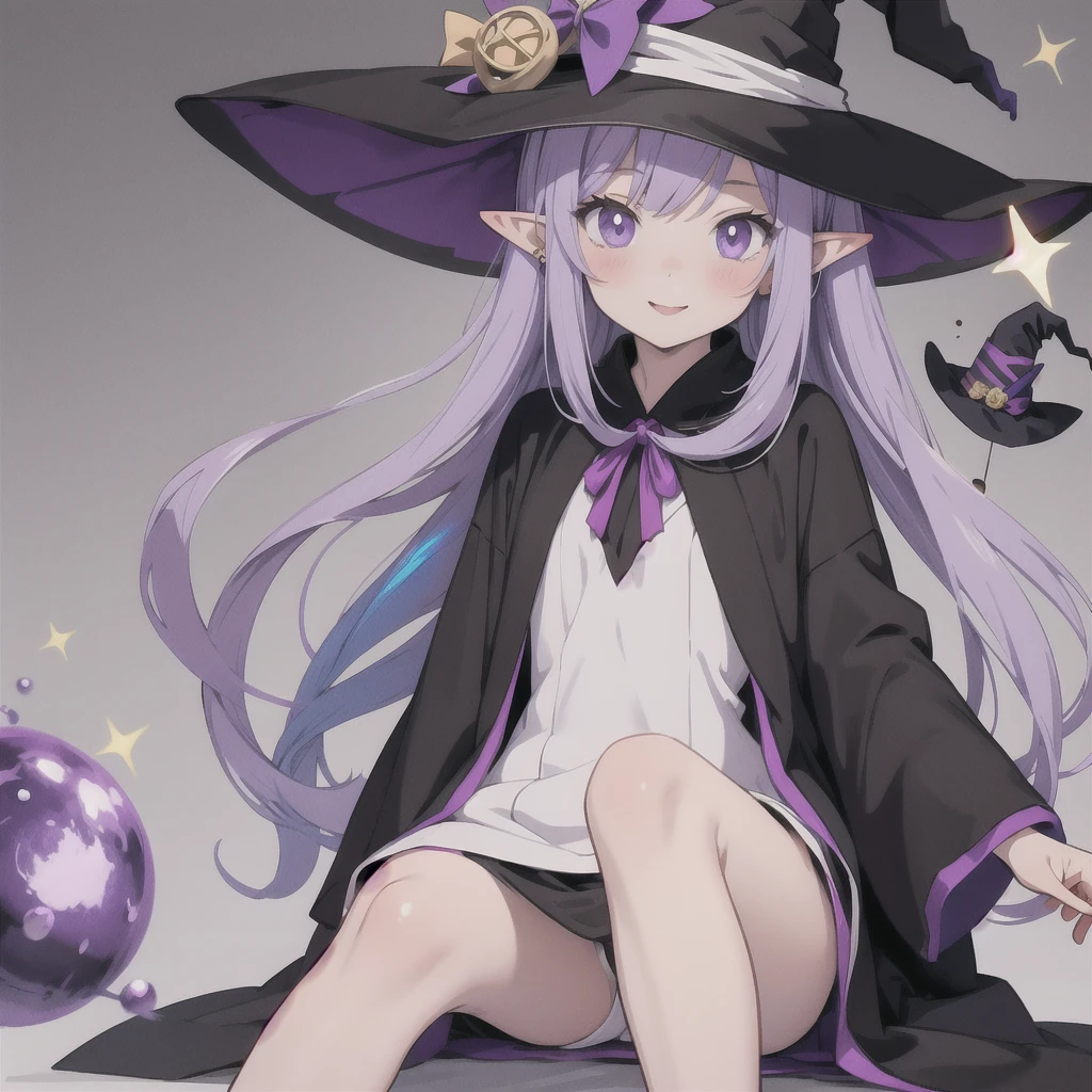 anime girl long purple hair wearing a black Robe. she has pointy ears. Witch Hat. Manga kawaii. iridescent ,An illustration, 0ne person