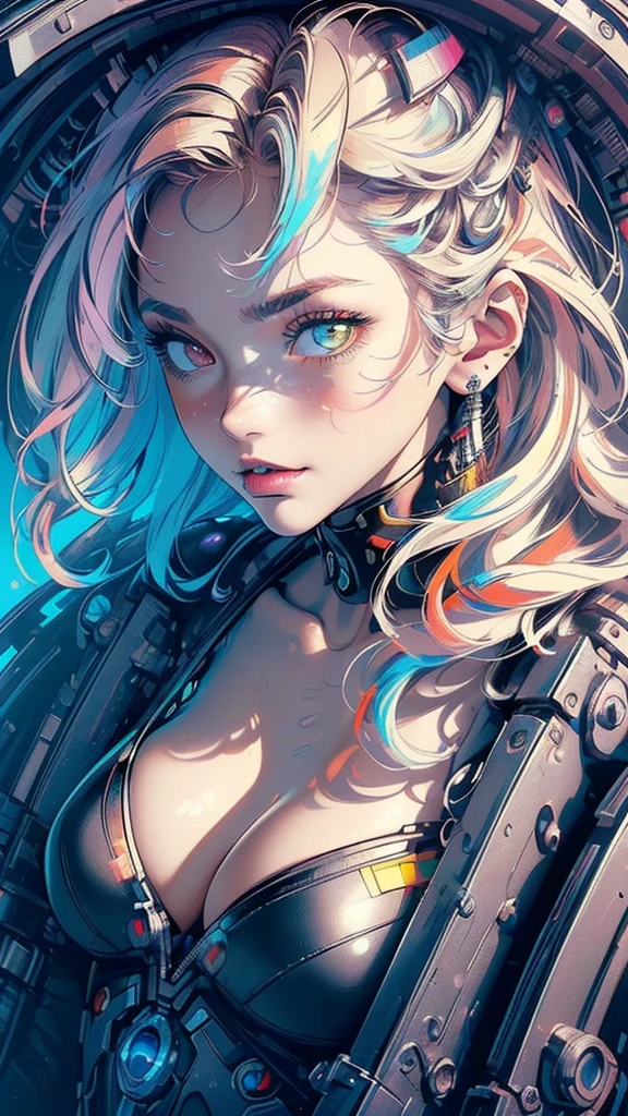 (((masterpiece, highest quality))),(((solo:1.2))),(((1girl:1.2))),32k wallpaper, very detailed,(((((portfolio))))),(((((Close-up))))),(((((bust up))))),((((((more various angle)))))),(((highlight))),(((((heterochromia))))),(((complete. detailed face))),((((Extremely talented)))),(((((most complicated machine))))),(((genius mechanic))),((Overall colorfully)),(((cyborg))),(((cleavage))),(((gradient eyes))),(((Provocative attitude))),(cyberpunk)