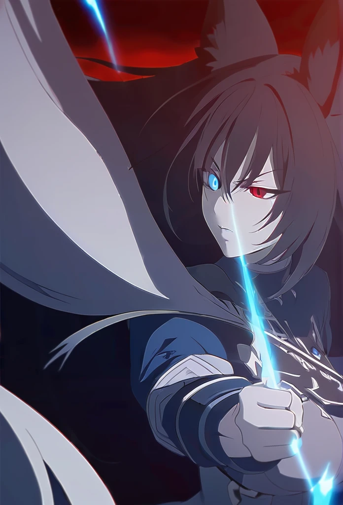 a beautiful blue and black kitsune, big breasts, long blue and black hair, slim waist, detailed portrait, intricate details, chiaroscuro lighting, dramatic lighting, mystical, elegant, sensual, long white tail, heterochromia (one blue eye, one red eye), holding a bow, blue fire coming from one eye, attacking pose, Alpha crimson wave, ((punoshing gray raven))