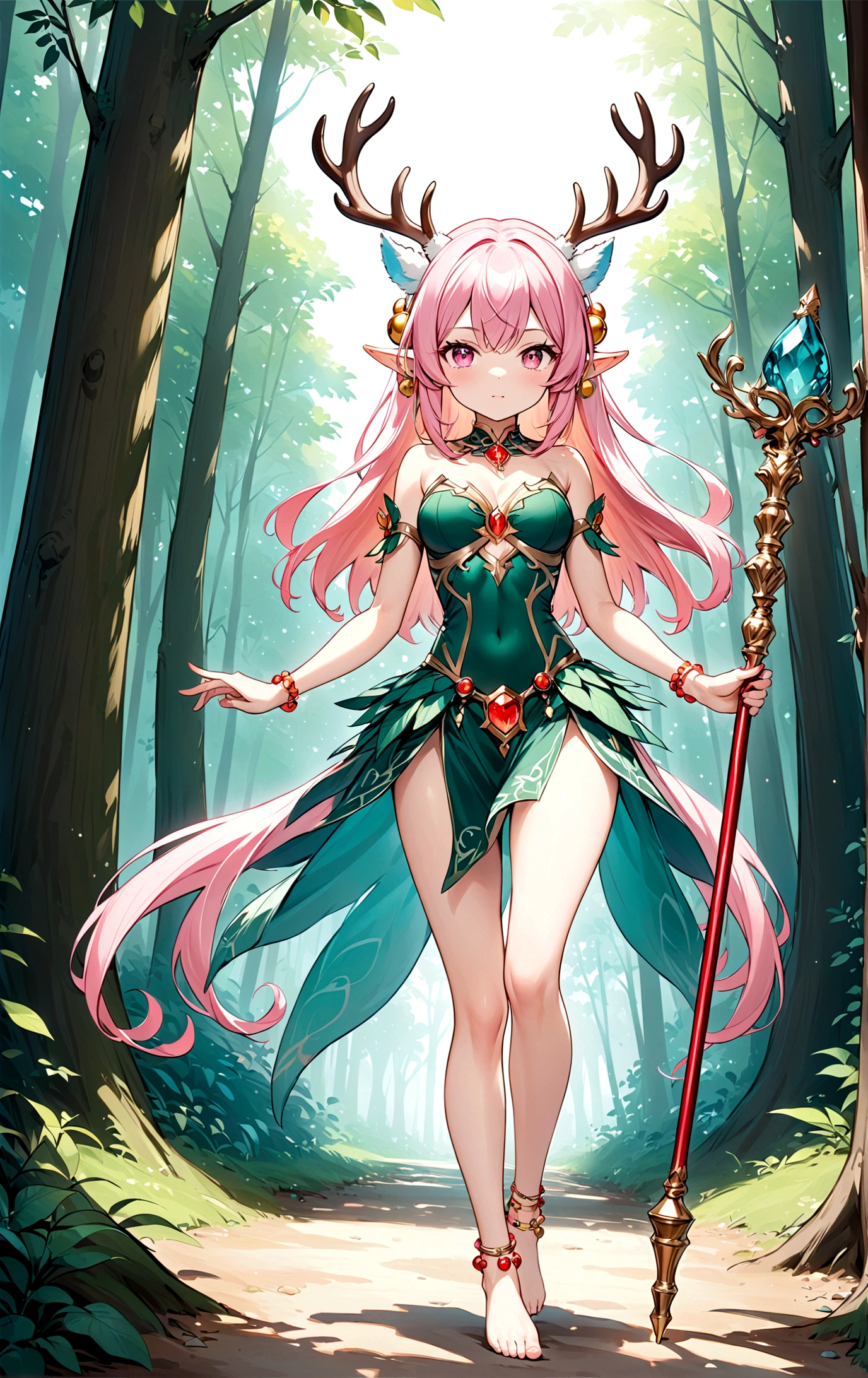 game character，Cartoon anime style，beautiful girl，Fluffy pink hair，Pink Eyes，antlers，Elf ears，Orange tulle short skirt，Metal gem-encrusted scepter，Slender legs，Standing barefoot，Bells on anklets。(((Correct human anatomy)))，In the forest