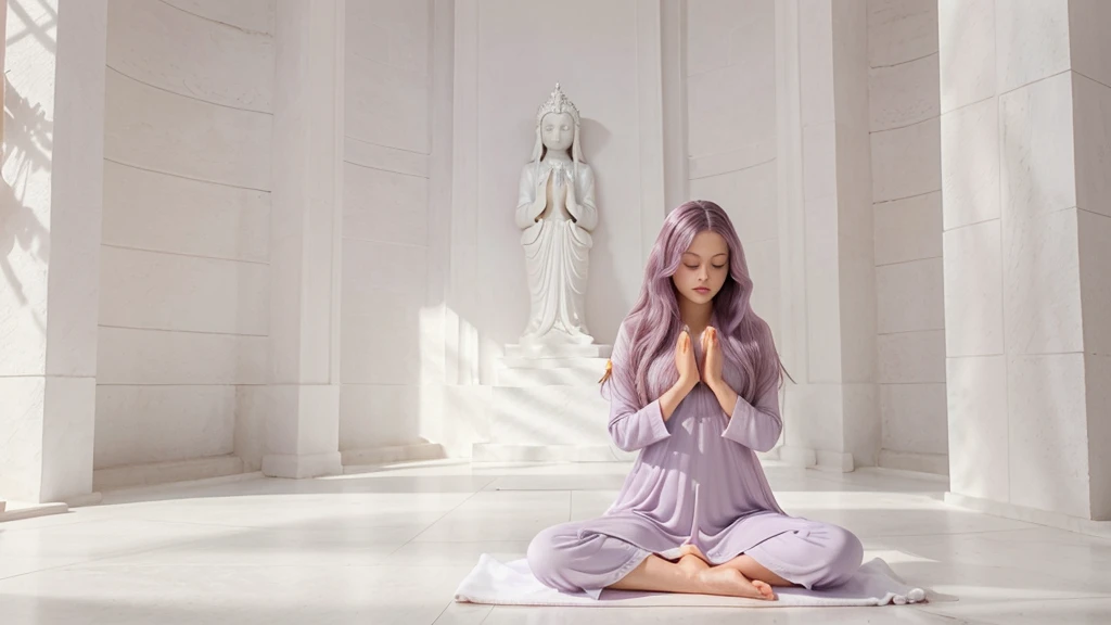 woman with long, voluminous lilac hair, in a meditation position with her eyes closed and her hands in a prayer position. She is wearing a light lilac dress. The image should be a full-body shot in a meditation position, very realistic, in an all-white temple with a white floor, white stone walls, white ceiling, and white columns.