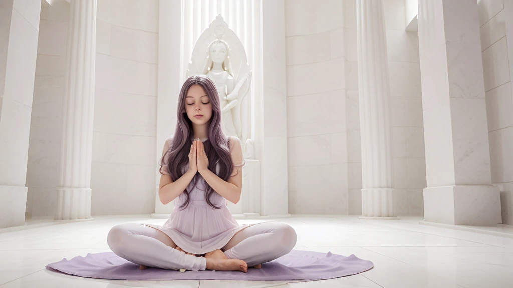 woman with long, voluminous lilac hair, in a meditation position with her eyes closed and her hands in a prayer position. She is wearing a light lilac dress. The image should be a full-body shot in a meditation position, very realistic, in an all-white temple with a white floor, white stone walls, white ceiling, and white columns.