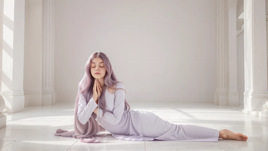 woman with long, voluminous lilac hair, in a meditation position with her eyes closed and her hands in a prayer position. She is wearing a light lilac dress. The image should be a full-body shot in a meditation position, very realistic, in an all-white temple with a white floor, white stone walls, white ceiling, and white columns.