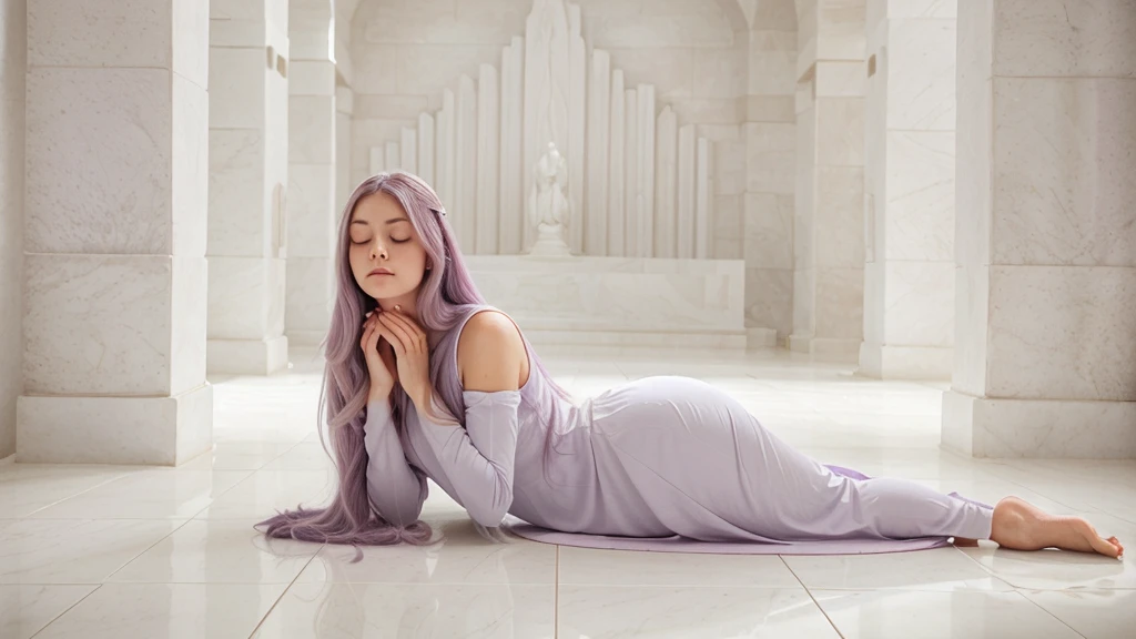 woman with long, voluminous lilac hair, in a meditation position with her eyes closed and her hands in a prayer position. She is wearing a light lilac dress. The image should be a full-body shot in a meditation position, very realistic, in an all-white temple with a white floor, white stone walls, white ceiling, and white columns.