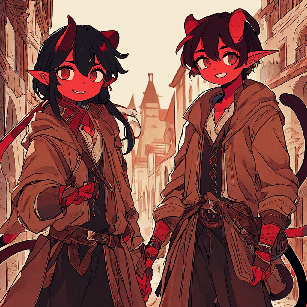 one young 14 year old tiefling boy, detailed face, detailed clothing, red skin, long black hair, small horns, cat-like eyes, pointed tail, pointed ears, fantasy, digital art, cinematic lighting, highly detailed, 8k, photorealistic, award winning, intricate, masterpiece, evil smile