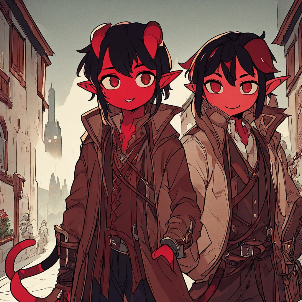 one young 14 year old tiefling boy, detailed face, detailed clothing, red skin, long black hair, small horns, cat-like eyes, pointed tail, pointed ears, fantasy, digital art, cinematic lighting, highly detailed, 8k, photorealistic, award winning, intricate, masterpiece, evil smile