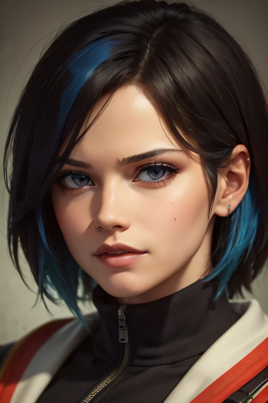 (masterpiece,detailed,High resolution:1.4) , Model shoot, close, detailed face, fine detailed eyes,, (kirishima touka),Blue middle hair,ghoul eyes,Retro Jacket,Tokyo Ghoul,Retrofuturism background, Vibrant colors, High resolution,, ,