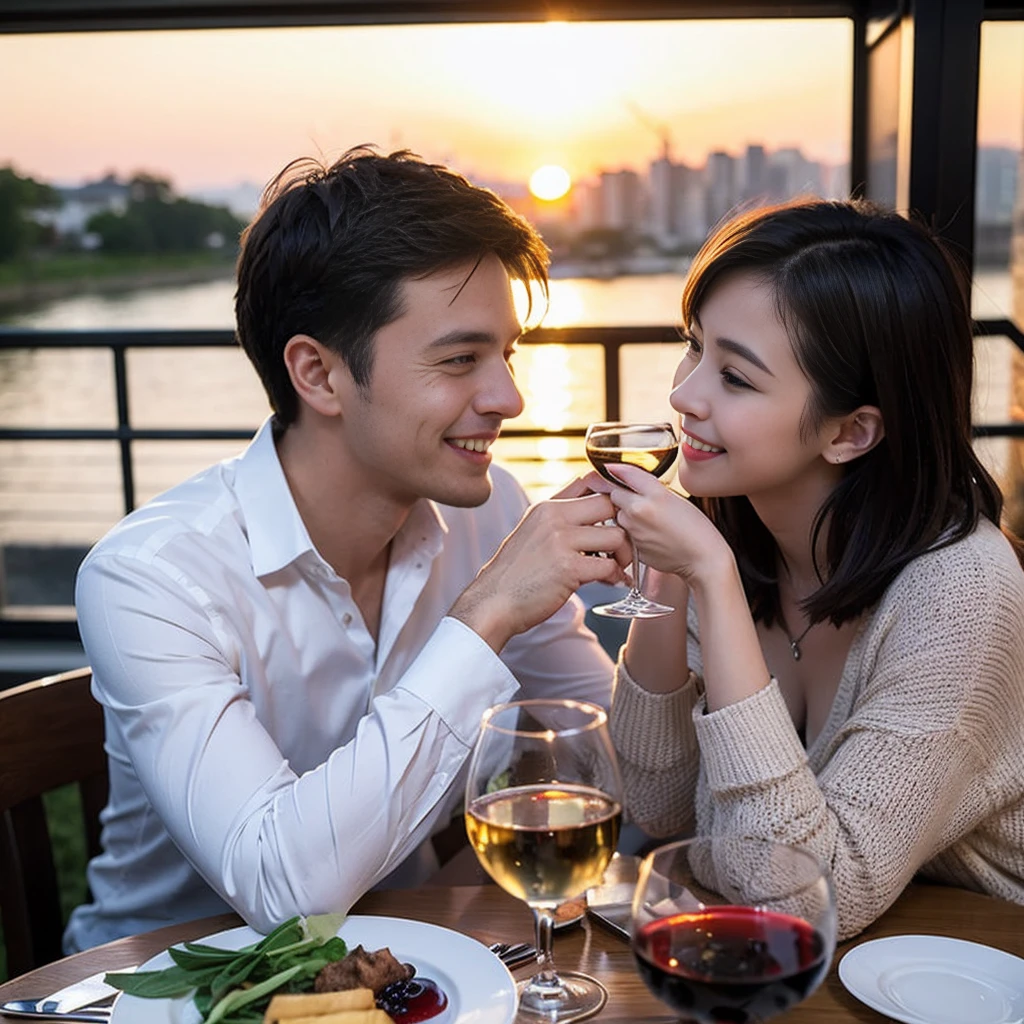 ((Highest quality、8K、masterpiece:1.3))、 (Genuineistic, Genuine、Bright image、Intricate details:1.2), 最高のsmile、1 male 1 female、Beautiful couple、Lovey-dovey lovers、Happy Yokohama Lovers、、Good friends、actress couple、smile、Full-course dinner at a packed table、 (Slim face), (the body is slim), (Brown Hair), (short hair), テーブルのwine glass、Please shine a light on my face、 Amazing view of the sunset sky and clouds、 years old 39 years old, red wine 、Appetizers、Wine bottle、sparkling wine、Long sleeve shirt、dress、White wine, red wine, wine glass,