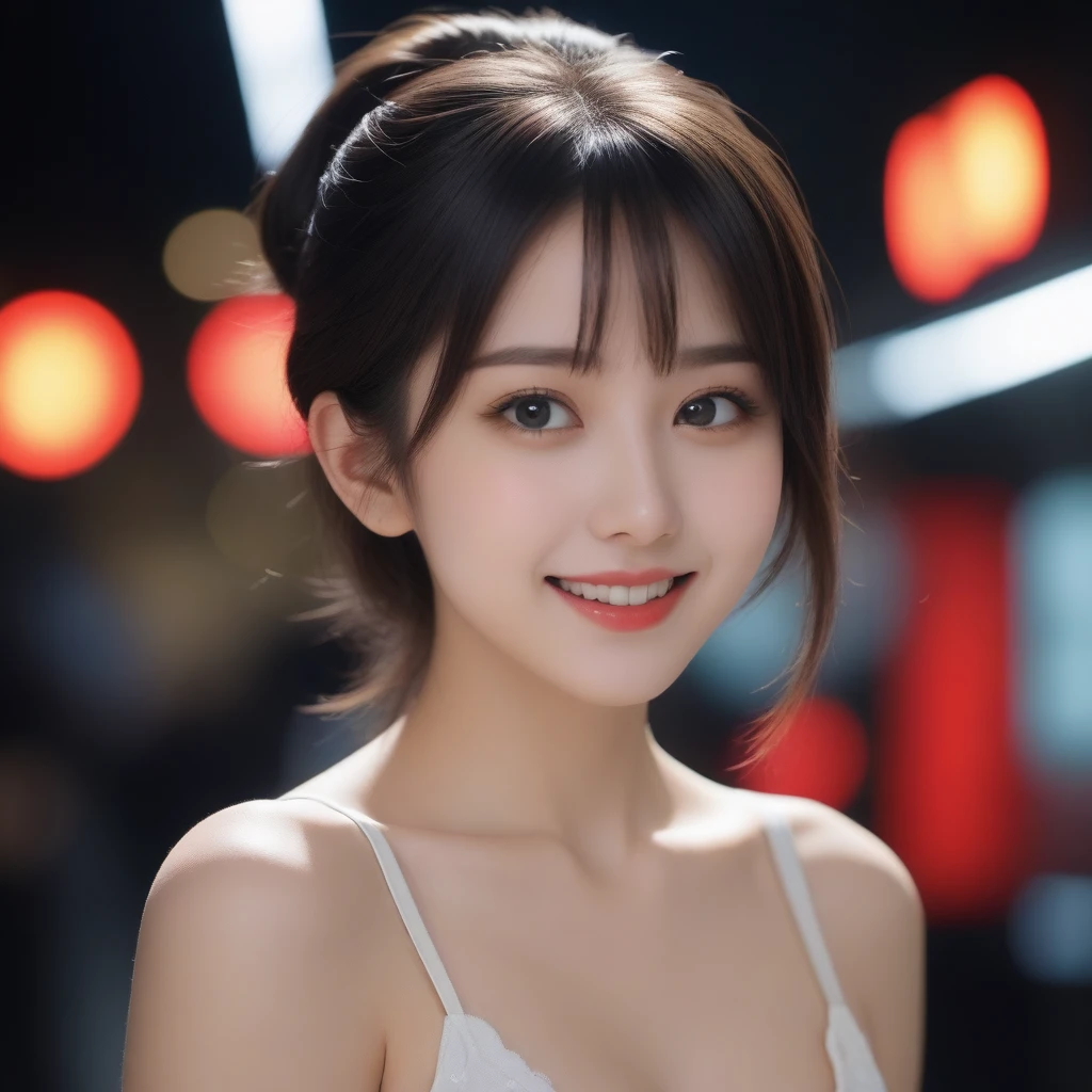 8K, Ultra-high resolution, Highest quality, masterpiece, 三分割法によるphotograph,Surreal, photograph, 1 girl, (:1.3), pretty girl, Cute face, Beautiful eyes in every detail, 細かくdetailedに,masterpiece,, One Girl:1.2, Japan Female Announcer,whole body,Young Wife, (night, (Neon Signs), (Blurred Background),Sequined fancy dress,Slutty Makeup,Bright red lipstick,A carefree smile,Healing the heart,Black hair bun,Looking at the audience、beauty,Long neck、Laugh a little、Please close your mouth and laugh、(((Ideal body type))),A-cup small breasts :2,、Portraiture:2、Perfect Anatomy、鮮明なdetailed、detailed、Surreal、Light and shadow,Strong light