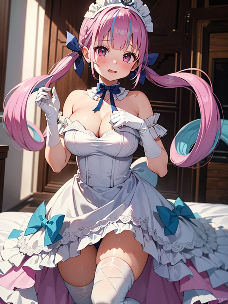 Ultra-high resolution,masterpiece, Attention to detail, Highest quality, 4K,(Pink Twintails、Blue ribbon),(well endowed,Captivating body、Ultra-detailed skin、Beautiful eyes、Detailed Background),1girl、(Wedding dress、Embarrassing:1.3),Wedding hall