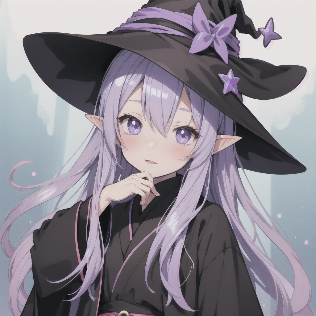 anime girl long purple hair wearing a black Robe. she has pointy ears. Witch Hat. Manga kawaii. iridescent ,An illustration, 0ne person