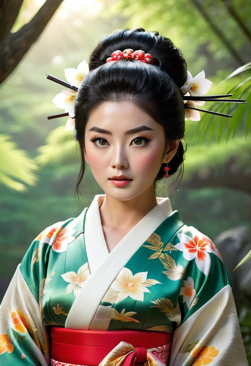 ((Top Quality, 8K, Masterpiece: 1.3)), Sharp Focus: 1.2, (Super Beautiful Face: 1.0), (Glossy Skin: 1.0), Realistic Photos, Black Hair, Realistic Pupils, Movie Lighting, Highly Detailed Eyes and Face, Movie Lighting, (Cowboy Shot: 1.0), (kimono, hakama, obi: 1.15), (Korean Cute Actress), in nature, classic kimono,