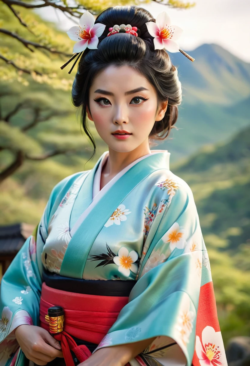 ((Top Quality, 8K, Masterpiece: 1.3)), Sharp Focus: 1.2, (Super Beautiful Face: 1.0), (Glossy Skin: 1.0), Realistic Photos, Black Hair, Realistic Pupils, Movie Lighting, Highly Detailed Eyes and Face, Movie Lighting,  (Cowboy Shot: 1.0),  (kimono, hakama, obi: 1.15),　(Korean Cute Actress), in nature, classic kimono,