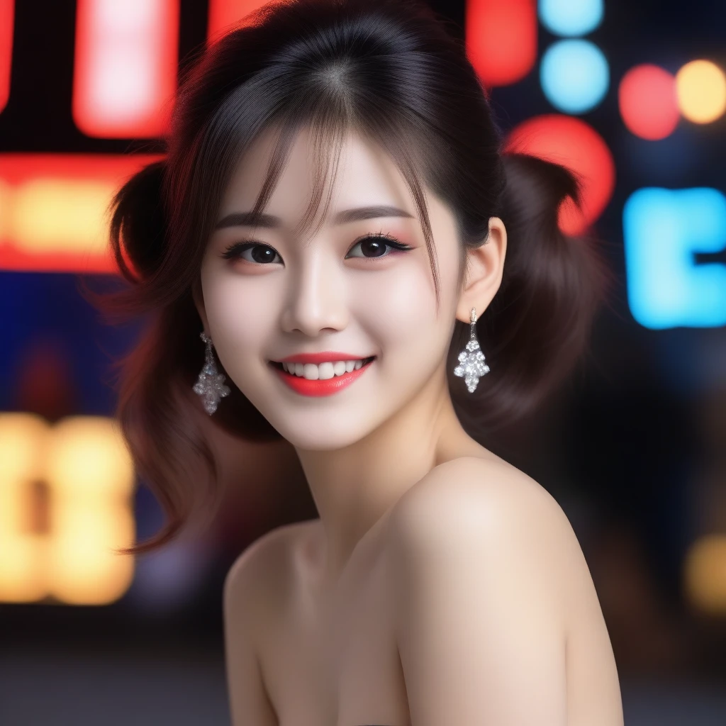 8K, Ultra-high resolution, Highest quality, masterpiece, 三分割法によるphotograph,Surreal, photograph, 1 girl, (16 years old:1.3), pretty girl, Cute face, Beautiful eyes in every detail, 細かくdetailedに,masterpiece,, One Girl:1.2, Japan Female Announcer,whole body,Young Wife, (night, (Neon Signs), (Blurred Background),Sequined fancy dress,Slutty Makeup,Bright red lipstick,A carefree smile,Healing the heart,Black hair bun,Looking at the audience、beauty,Long neck、Laugh a little、Please close your mouth and laugh、(((Ideal body type))),A-cup small breasts :2,、Portraiture:2、Perfect ???????、鮮明なdetailed、detailed、Surreal、Light and shadow,Strong light