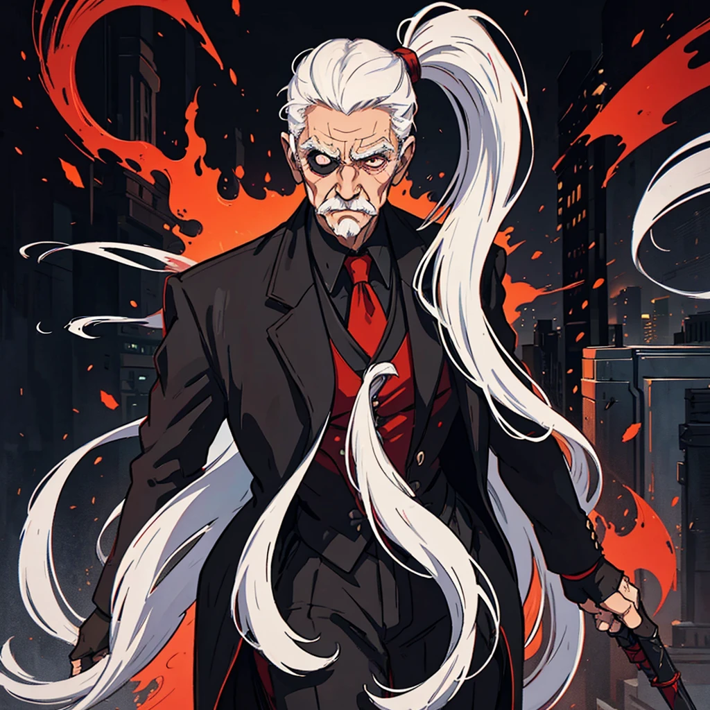 1 20-year-old man with white hair with long ponytail wearing a black suit with red interior covering the eyes and mouth An art for an RPG A non-human night background of the city ((Very detailed strokes))