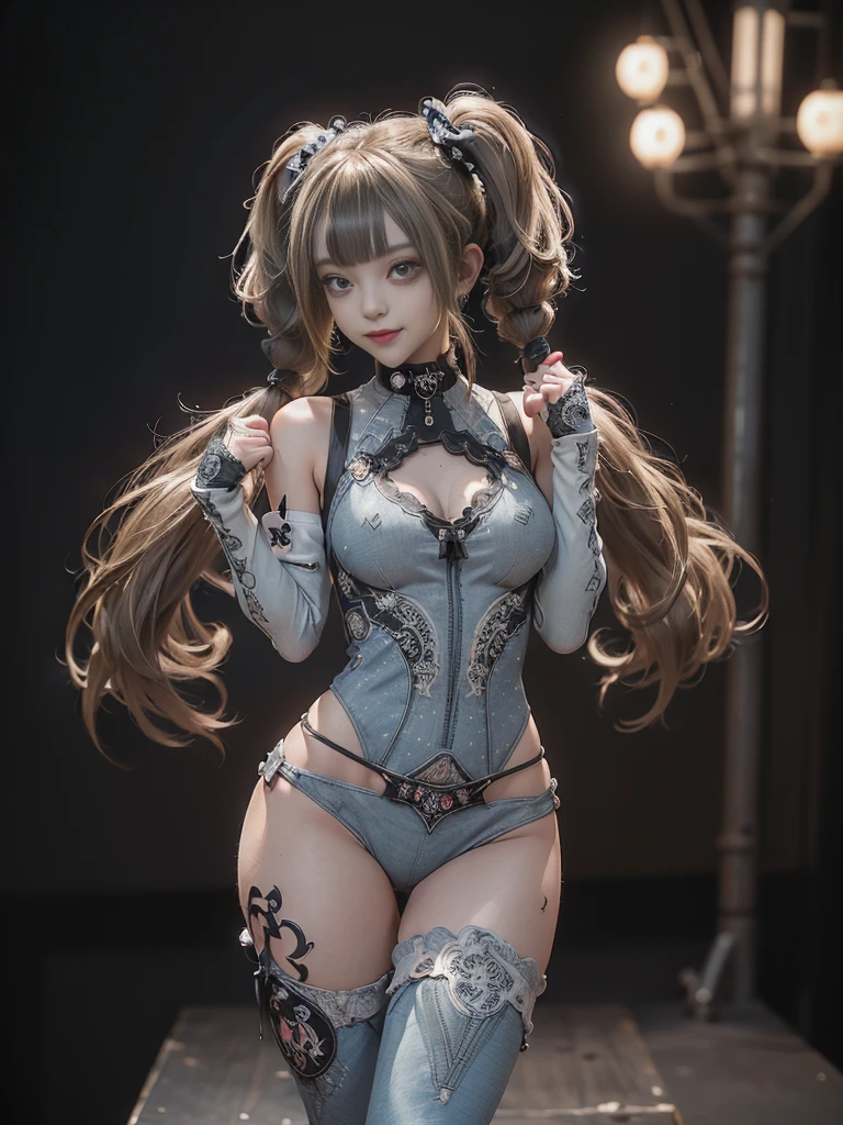 (Full Body View:1.4)、(Full body:1.4)、(Smiling with teeth showing:1.3),(Shibuya Gal:1.5)、(Gothic ta style fashion:1.5)、(Punk RockVisual Kei:1.5)、(Wearing a rhythmic gymnastics bodysuit with intricate details:1.4)、(Racing suit and pants with intricate decorations in white, denim and charcoal:1.5)、(Denim and light blue and white boots:1.3)、((belt))、(Numerous delicate logo marks all over the costume:1.4)、(collar:1.3)、(Polka dot underwear:1.5)、20-year-old、NSFW、((Highest quality、In 8K、masterpiece:1.3))、Sharp focus:1.2、(Layered Cut、Huge boobs:1.1),Beautiful woman with perfect figure:1.4、(do a gravure pose:1.3)、Slender Abs:1.2、Highly detailed face and skin texture、Detailed eyes、double eyelid,(Twin tails:1.3)、(Brown-golden hair:1.3)、Gravure idol、(The background is the stage of the fashion show:1.3)、(Slim body:1.3),(Make your legs thinner:1.4),(clavicle:1.1)