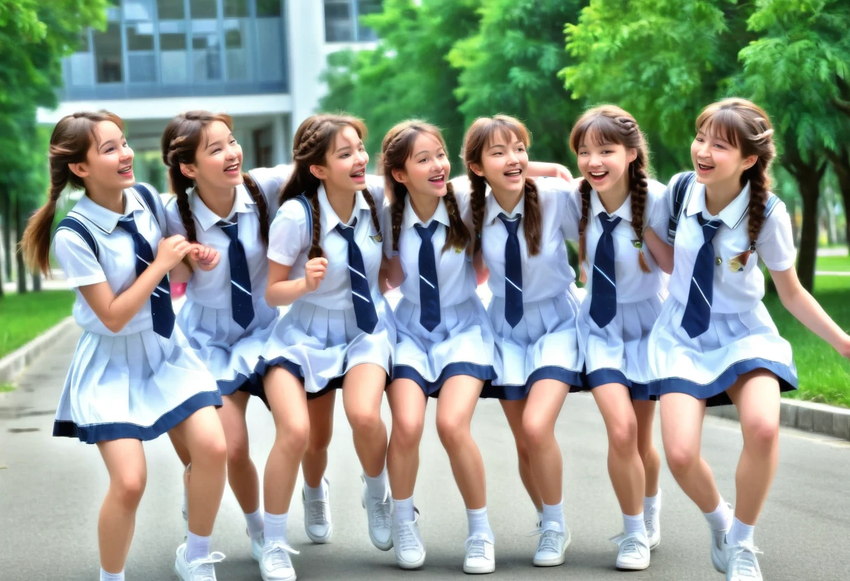 Raw photo, ((5 girls)),  beautiful teen schoolgirls, attractive feminine form, with plaited hair, dancing in a playful manner, having fun in a school walkway, joyful happy mood, wearing white frocks and blue color ties, white shoes, with school backpacks, professional photographer, (hdr:1.4), masterpiece, ultra-realistic 8k, perfect artwork, intricate details, award winning photograph, (Best quality, 8k, 32k, Masterpiece, UHD:1.3)