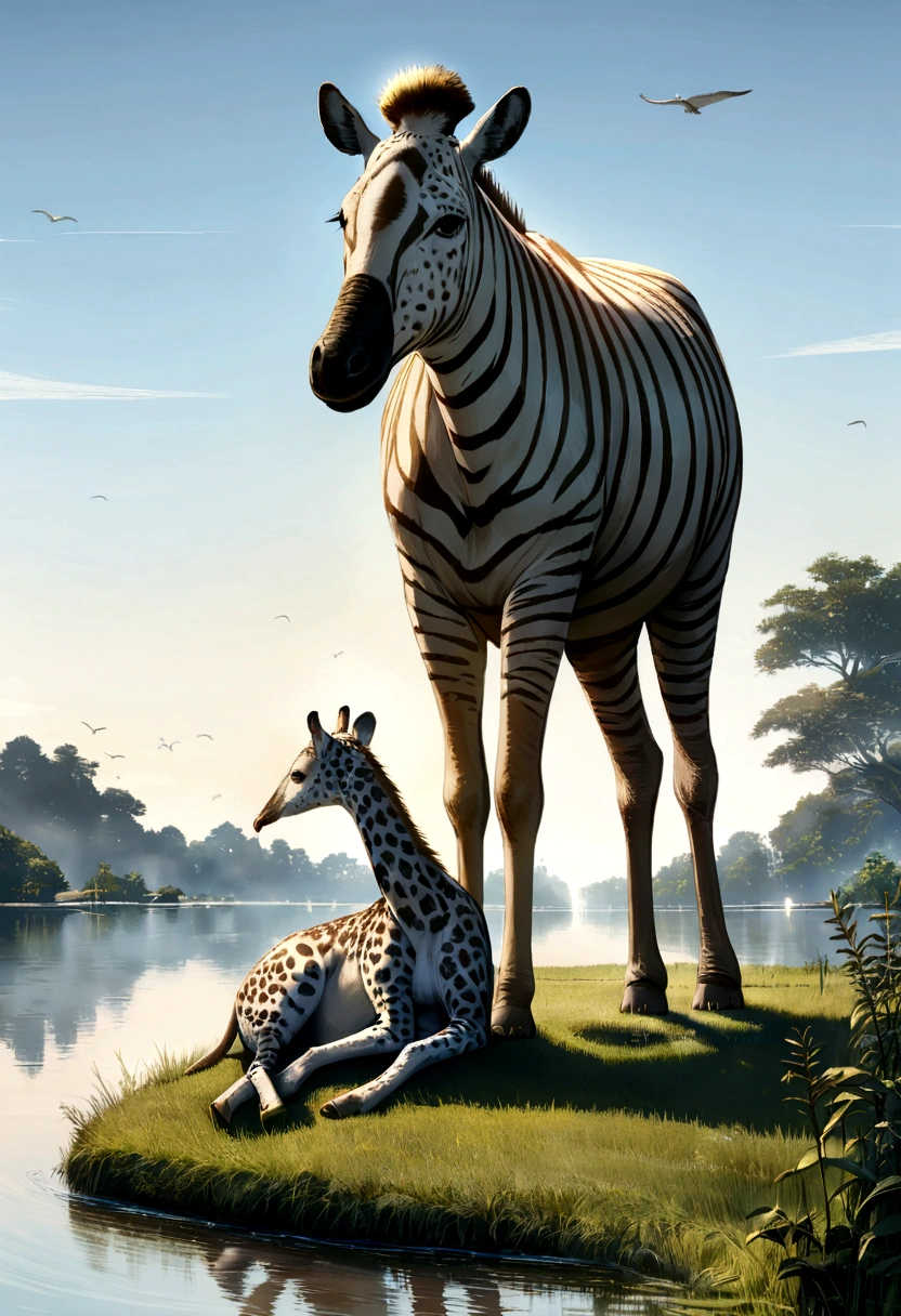 Une girafe courant vers la savane africaine, meilleur fond d'ecran ordinateur, animaux, lac, couché soleil, resolution 4k, ultra realiste, savane, avec un oiseau sur une branche d'arbre sur le lac, oiseaux qui volent dans le ciel, animaux de la savane, zebre elephant et tout 