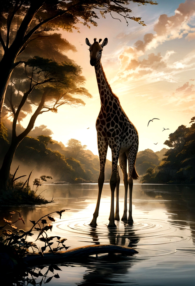 Une girafe courant vers la savane africaine, meilleur fond d'ecran ordinateur, animaux, lac, couché soleil, resolution 4k, ultra realiste, savane, avec un oiseau sur une branche d'arbre sur le lac, oiseaux qui volent dans le ciel, animaux de la savane, zebre elephant et tout