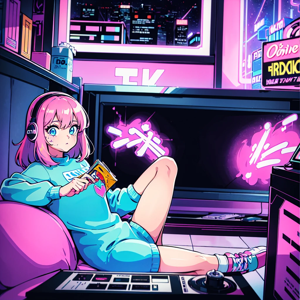 (masterpiece), Highest quality, Expressive eyes, Neon pastel aesthetics, Retro 90s, Neon color,((Girl sitting on sofa,In a cozy room,Records hanging on her wall, Comic books on the floor, Looking out the window behind her at the night city, Upholstered room, Anime figures lined up on a shelf)), Wearing headphones, (All around her it sparkles), (wearing thick colorful sneakers), (blue eyes), (Soft look), (Synthwave Art Style), Colorful Hair, Desk with PC set up