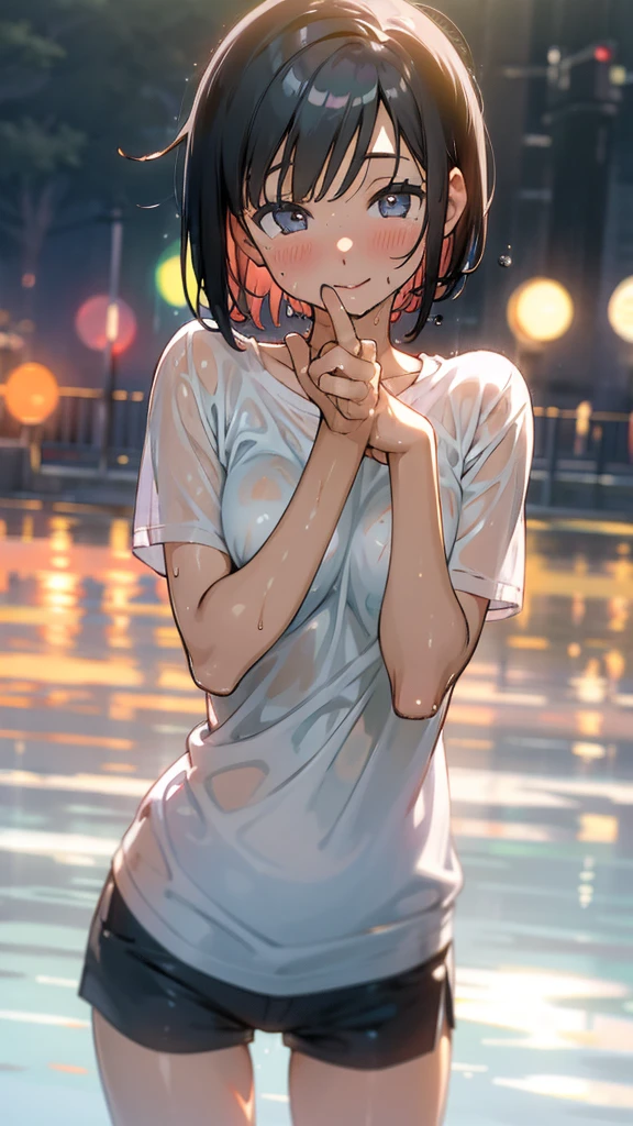 wet woman, middle breast, smile, wet T shirts, soft focus, depth of field, shortcut hair, happy expression, thigh, simple background,