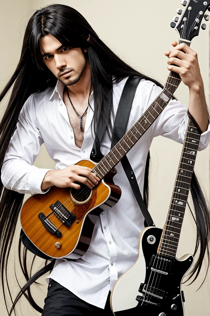 A rocker with a white shirt and long hair in anime 