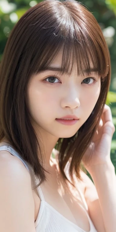 (masterpiece:1.3), Highest quality、Ultra-high resolution, Very detailed, Very detailed CG Unity 8k 壁紙, Realistic, photo-Realistic, RAW Photos, Beautifully detailed face, Pale skin, Realistic glistening skin, Detailed cloth texture, Detailed hair texture, Perfect body, Beautiful Face, Accurate, Anatomically correct, Highly detailed face そして skin texture, Natural neck length, (Fair skin:1.2), Good teeth alignment,
Symmetrical eyes, dolly make、double eyelid, Thin eyebrows, (Glossy Lips:1.4), (Sad face:1.2),
(classy and cute girl:1.3),
(Large Breasts:1.4), Cleavage, Beautiful clavicle,
(Wavy long hair:1.2), ((Asymmetrical bangs:1.2)), A pale green tank top that hugs her breasts、Micro Mini、Voluptuous thighs、A photo showing you from head to knees、Focus on the thighs