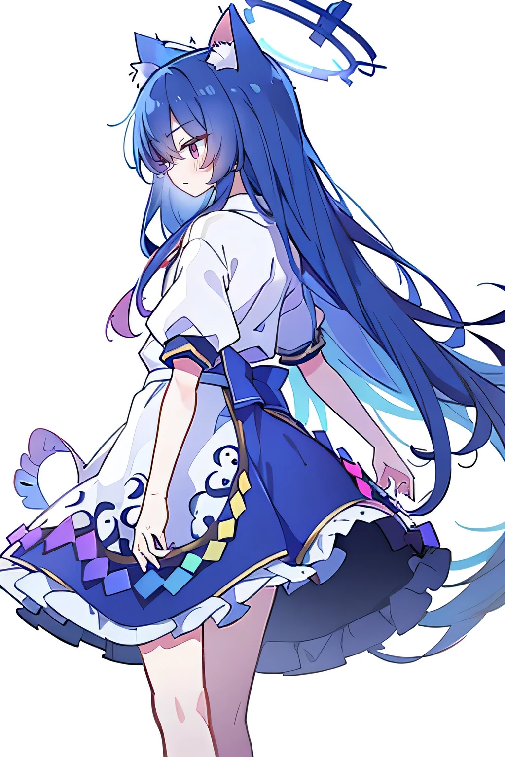 (masterpiece:1.2),Super detailed,lifelike,Expressive eyes,fair skin,perfect face shape,1 girl,
Japanese comics,Gorgeous blue hair,flowing blue hair,flowing clothes,Cat ears,Petals fall,beautiful lola,Baby Angel,
Shaking head with one hand,Cross your legs,Gentle and peaceful background,The pavilion is cool and comfortable,smile, wearing hoodie, background of tokyo,back views,snowing, winter,lie on the water.((masterpiece:1.4,最high quality)),(Super detailed),Official Art,Unity 8k Wallpaper,Super detailed,Beautiful appearance,high quality,Lovely,masterpiece,最high quality,(flat chest),Human body,a character portrait,Standing,White background,long suspender skirt,Yuri,(Black tights),There is a halo on the head,future