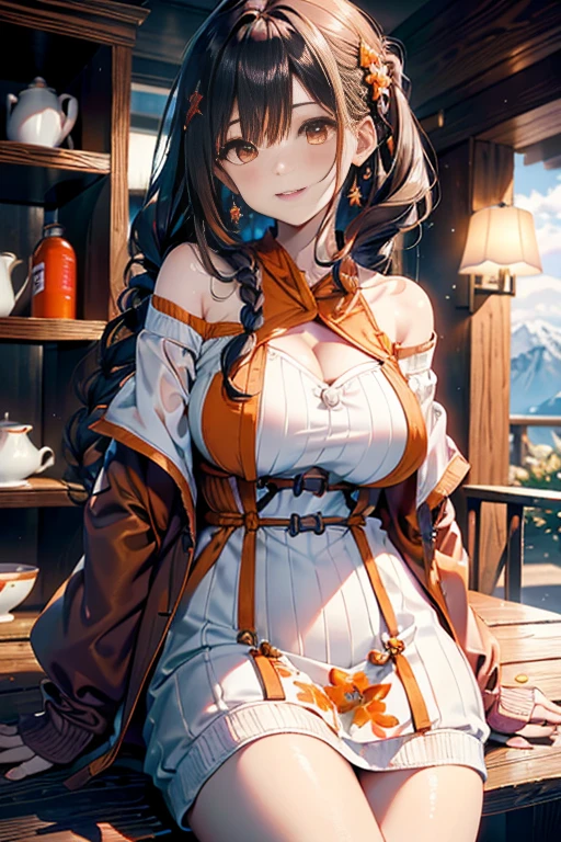 (3D Animation:1.3),(Make the subject look three-dimensional with the contrast of light and shadow),(Snowy mountains in winter),cute and beautiful adult woman,Cute round face,Cute smile,with blush cheeks,Red Lip,(((Orange Open Short Duffle Coat:1.3))),(((Off-white off-shoulder knit dress:1.3))),(silver white hair,Floral braided headband,half up、Floral Braided Space Van,Voluminous Fishtail Braids,Twisted chignon,),(Bangs are see-through bangs),hair pin,hair adornments,(((Emphasize large breasts:1.3))),breast slip,detailed clothes features,Detailed hair features,detailed facial features,(Dynamic angles),(Dynamic and sexy poses),profetional lighting,Cinematic Light,(masutepiece,top-quality,Ultra-high resolution output image,) ,(The 8k quality,depth of fields,Anatomically accurate facial structure,),(Sea Art 2 Mode:1.3),(Image Mode Ultra HD,)