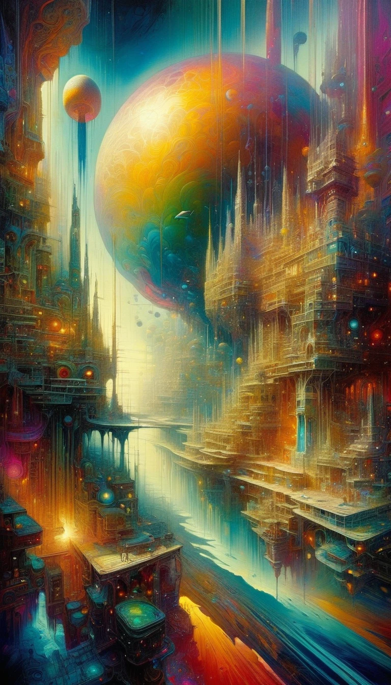 a highly detailed and intricate oil painting depicting an imaginative and surreal interpretation of the world, inspired by the distinctive artistic style of Bill Sienkiewicz, with vivid and striking colors, masterfully rendered textures and patterns, a sense of depth and dreamlike atmosphere, (best quality,4k,8k,highres,masterpiece:1.2),ultra-detailed,(realistic,photorealistic,photo-realistic:1.37),vibrant colors,dramatic lighting,surreal,psychedelic,abstract,organic shapes,complex compositions,chiaroscuro,Bill Sienkiewicz,oil painting
