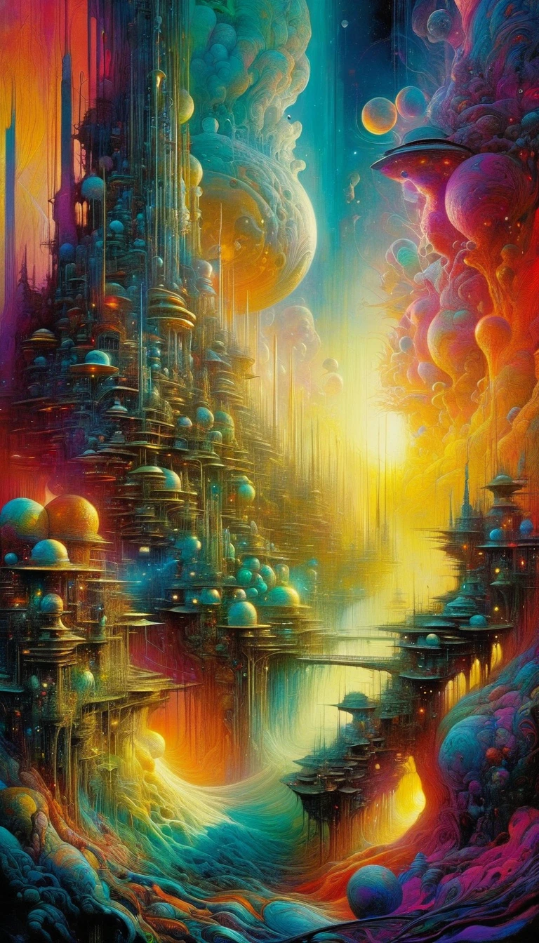 a highly detailed and intricate oil painting depicting an imaginative and surreal interpretation of the world, inspired by the distinctive artistic style of Bill Sienkiewicz, with vivid and striking colors, masterfully rendered textures and patterns, a sense of depth and dreamlike atmosphere, (best quality,4k,8k,highres,masterpiece:1.2),ultra-detailed,(realistic,photorealistic,photo-realistic:1.37),vibrant colors,dramatic lighting,surreal,psychedelic,abstract,organic shapes,complex compositions,chiaroscuro,Bill Sienkiewicz,oil painting
