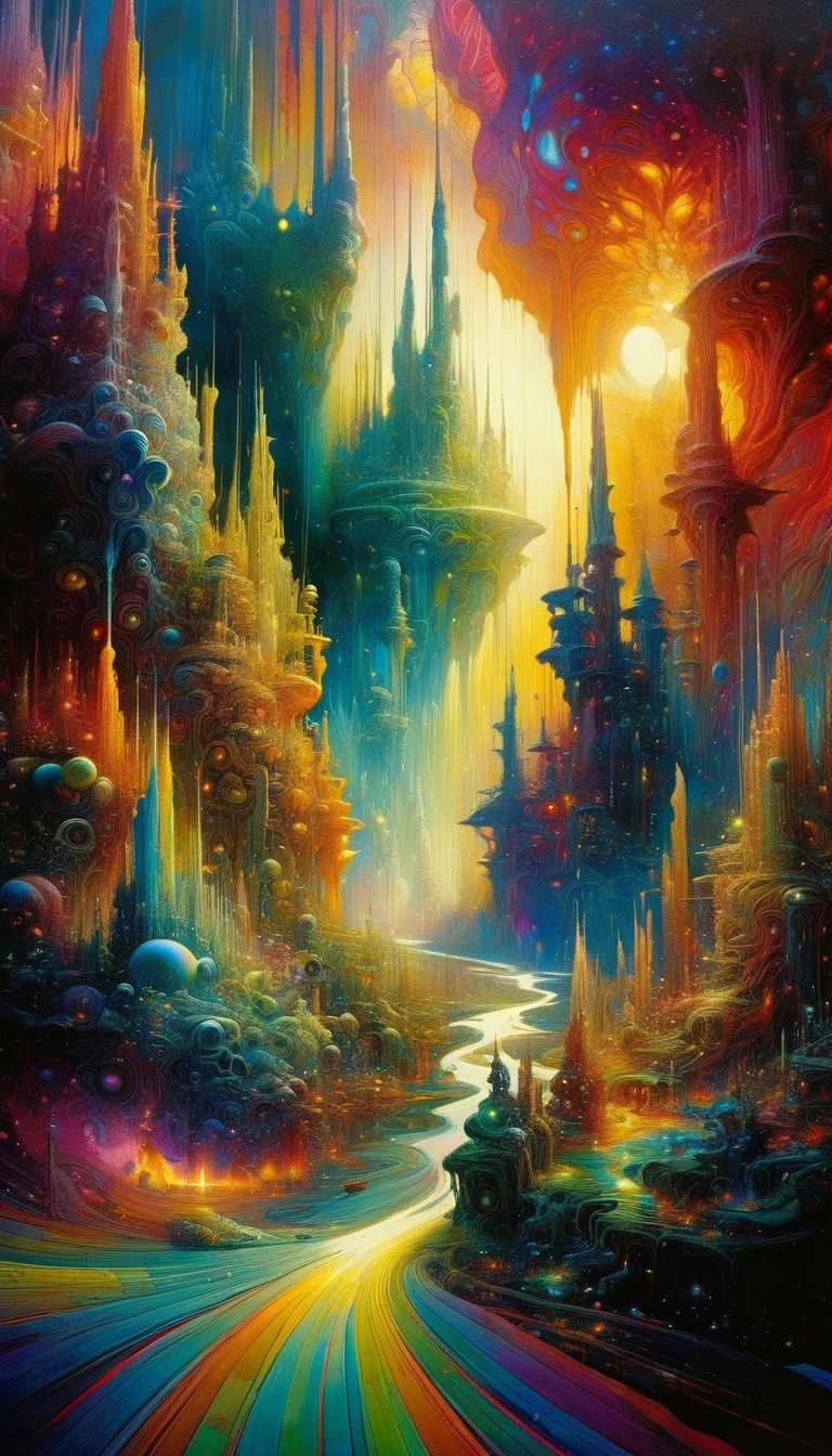 a highly detailed and intricate oil painting depicting an imaginative and surreal interpretation of the world, inspired by the distinctive artistic style of Bill Sienkiewicz, with vivid and striking colors, masterfully rendered textures and patterns, a sense of depth and dreamlike atmosphere, (best quality,4k,8k,highres,masterpiece:1.2),ultra-detailed,(realistic,photorealistic,photo-realistic:1.37),vibrant colors,dramatic lighting,surreal,psychedelic,abstract,organic shapes,complex compositions,chiaroscuro,Bill Sienkiewicz,oil painting