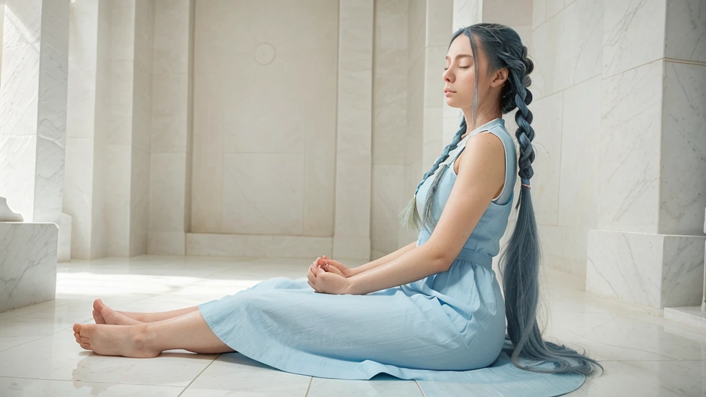 A woman with long blue hair styled in two braids, in a meditation position with her eyes closed and her hands in a prayer position. She is wearing a light blue dress. The image should be a full-body shot in a meditation position, very realistic, in an all-white temple with a white floor, white stone walls, white ceiling, and white columns