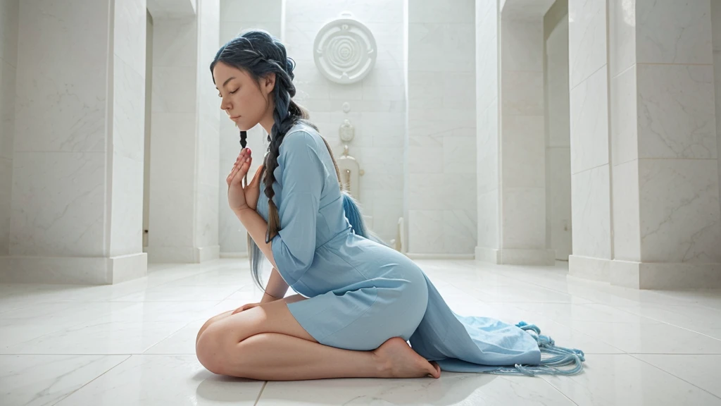 A woman with long blue hair styled in two braids, in a meditation position with her eyes closed and her hands in a prayer position. She is wearing a light blue dress. The image should be a full-body shot in a meditation position, very realistic, in an all-white temple with a white floor, white stone walls, white ceiling, and white columns