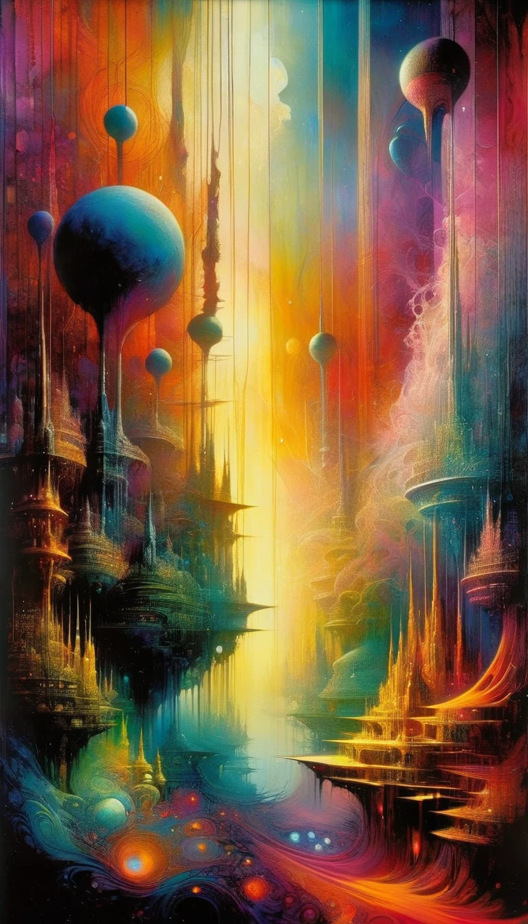 a highly detailed and intricate oil painting depicting an imaginative and surreal interpretation of the world, inspired by the distinctive artistic style of Bill Sienkiewicz, with vivid and striking colors, masterfully rendered textures and patterns, a sense of depth and dreamlike atmosphere, (best quality,4k,8k,highres,masterpiece:1.2),ultra-detailed,(realistic,photorealistic,photo-realistic:1.37),vibrant colors,dramatic lighting,surreal,psychedelic,abstract,organic shapes,complex compositions,chiaroscuro,Bill Sienkiewicz,oil painting