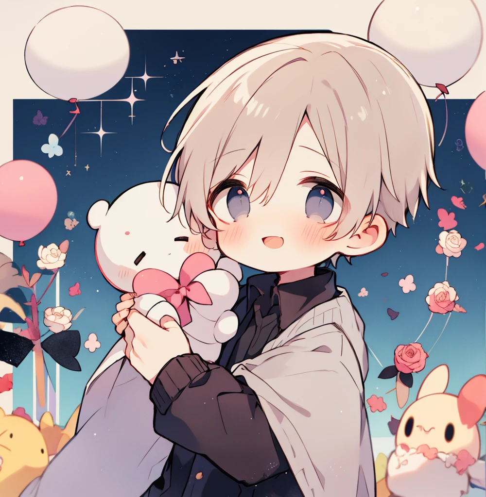 boy solo pastel colors gradient flat chest hug gothic rose blonde silver hair gray eyes black eyes smile open mouth