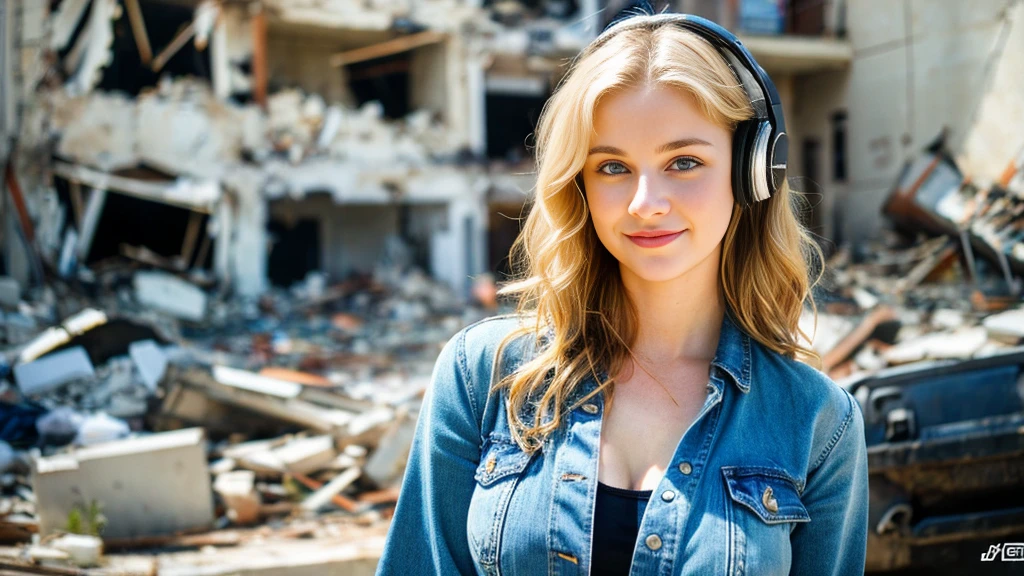 Beautiful blonde with big breasts in denim jeans and a ripped T-shirt (Standing in ruins),Wearing headphones,Very detailed, 21 years old, Innocent face, Naturally Wavy Hair, blue eyes, High resolution, masterpiece, Highest quality, Intricate details, Very detailed, Clear focus, Delicate skin, practical skin texture, texture, Delicate eyes, Professional, 4K, Cute Smile, Shot with Canon, 85mm, Shallow and deep, Kodak Vision Color, Exactly, Very detailed, photograph_\(Extremist\), photographpractical, practical, Post-processing, Maximum details, Roughness, Real Life, Extremist practical, Photorealism, photographgraphy, 8K Ultra HD, photographgraphy