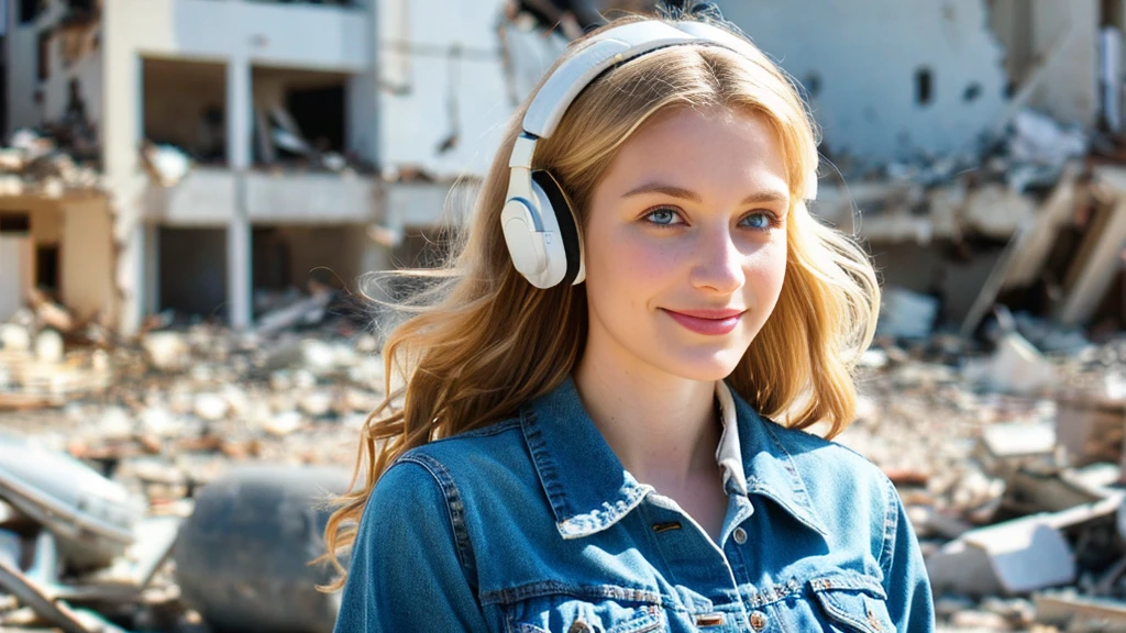 Beautiful blonde with big breasts in denim jeans and a ripped T-shirt (Standing in ruins),Wearing headphones,Very detailed, 21 years old, Innocent face, Naturally Wavy Hair, blue eyes, High resolution, masterpiece, Highest quality, Intricate details, Very detailed, Clear focus, Delicate skin, practical skin texture, texture, Delicate eyes, Professional, 4K, Cute Smile, Shot with Canon, 85mm, Shallow and deep, Kodak Vision Color, Exactly, Very detailed, photograph_\(Extremist\), photographpractical, practical, Post-processing, Maximum details, Roughness, Real Life, Extremist practical, Photorealism, photographgraphy, 8K Ultra HD, photographgraphy
